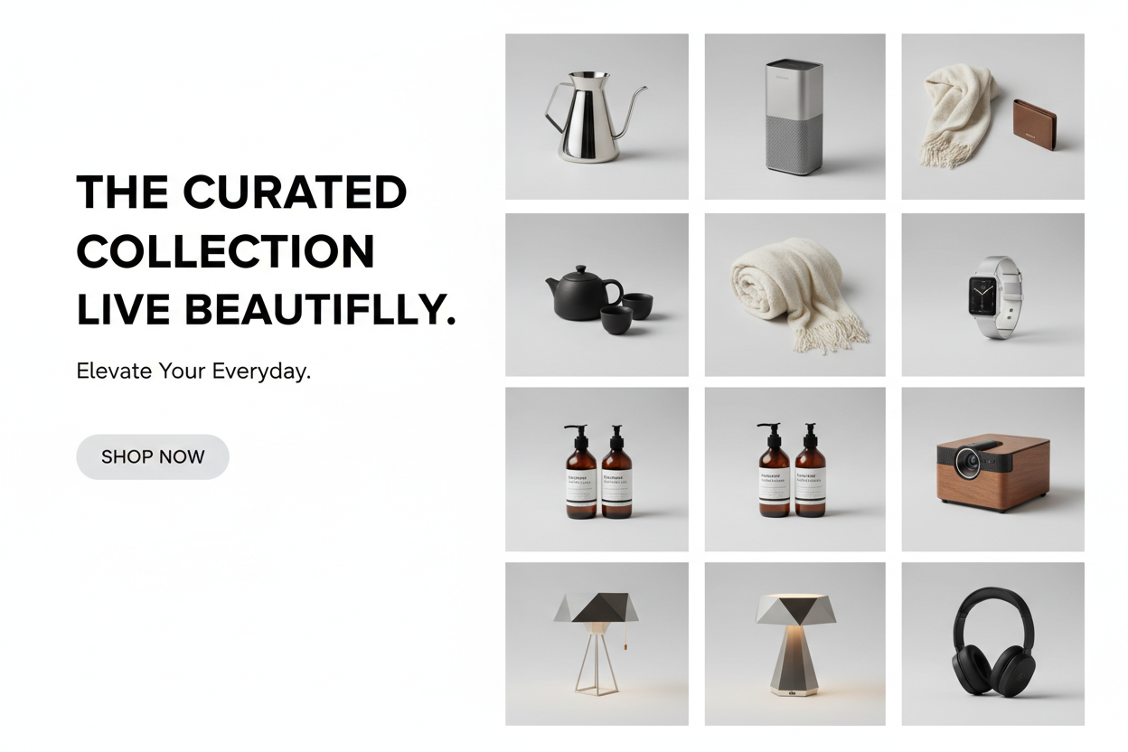 Store Name] is a high-end general store featuring home goods, tech, and lifestyle essentials. Create a clean, minimalist layout with bold hero banners and organized product grids."